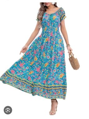 Ostoo Womens Size XXL Vibrant Turquoise Floral Tiered Maxi Dress